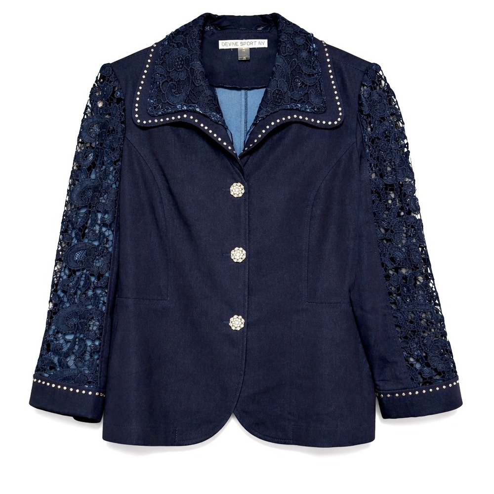 Dark Academia Old Money Crochet Lace Navy Blazer Womens Size 18W Vintage Glam